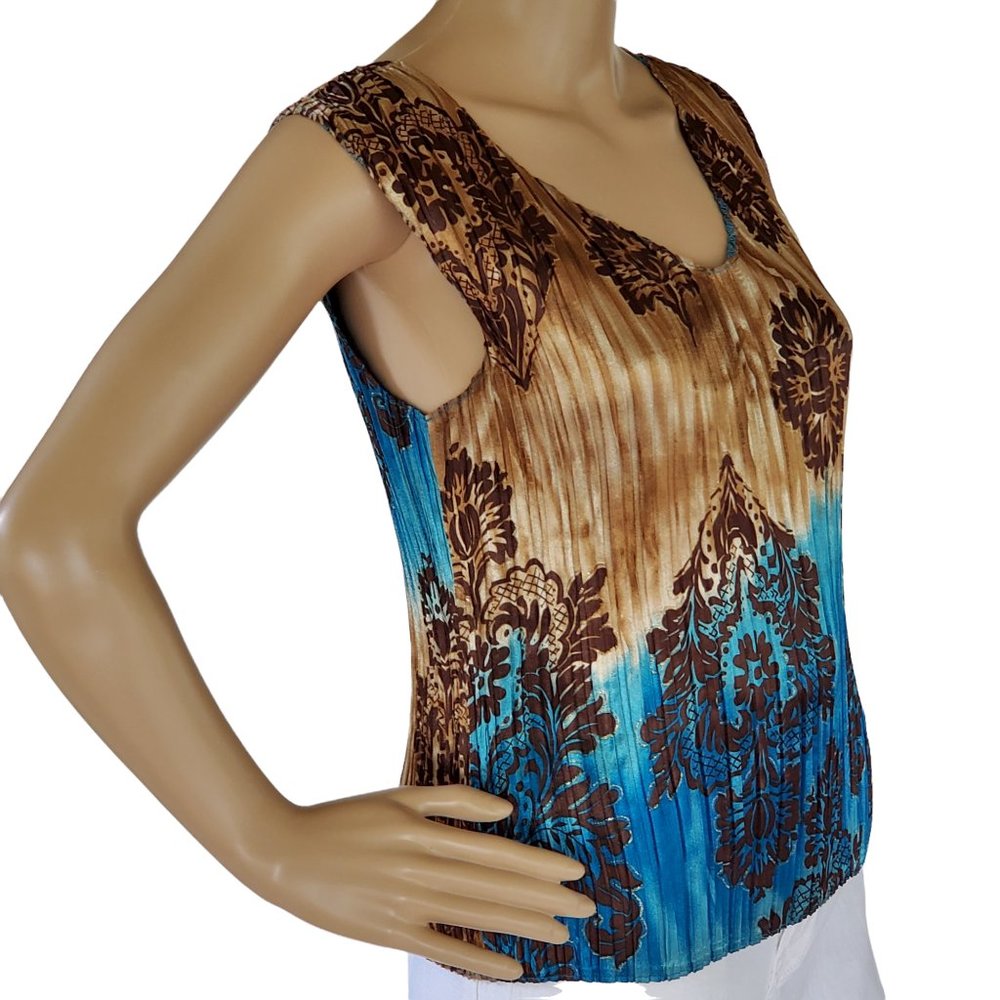 Vintage Dressbarn Women's M Crinkle Plissé Top Sleeveless Brown Blue Ombre 90's